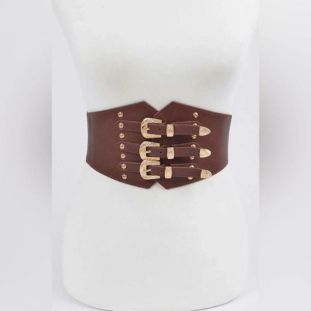 Western Triple Buckle Elastic Corset Statement Belt